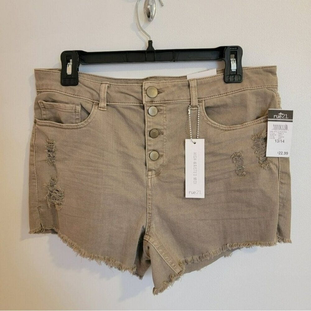 Rue 21 High Waist Midi Shorts Juniors 13 Distressed Rockabilly Cowgirl Tan NWT
